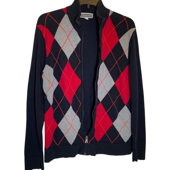 INC International Concepts mens size Large Black Red Zip Up Andie Argyle Sweater - Picture 3 of 7